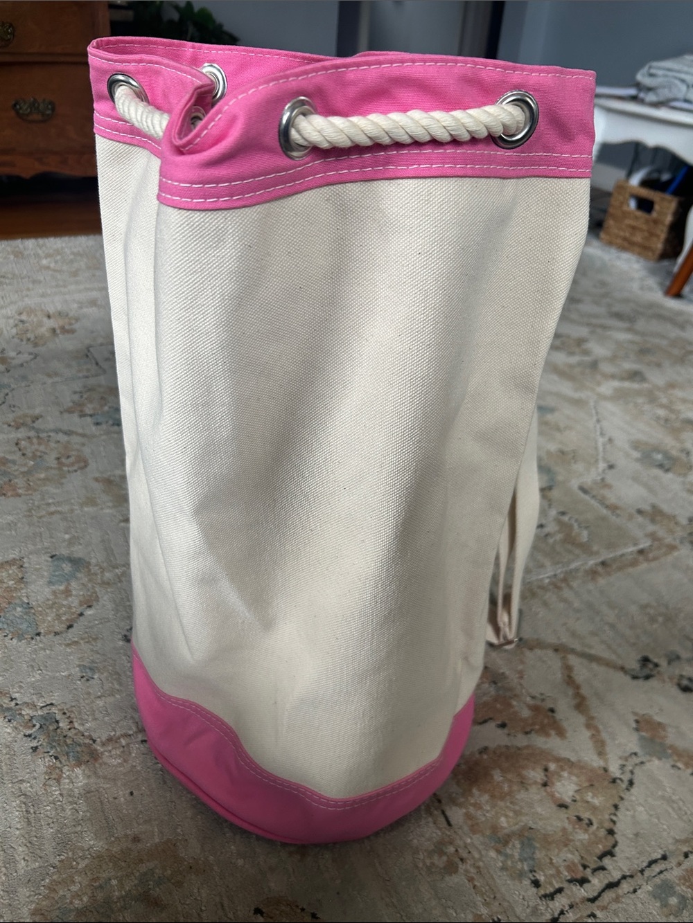 LL Bean Canvas Drawstring Bucket Bag in Pink and Cream - Women Bags